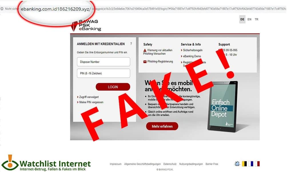 An der Domain erkennen Sie, dass diese Seite gefälscht ist. / Quelle: Watchlist Internet An der Domain erkennen Sie, dass diese Seite gefälscht ist. / Quelle: Watchlist Internet