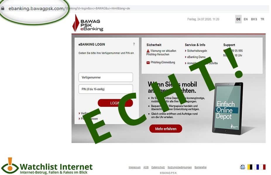 Die echte und die falsche Login-Seite sehen fast gleich aus! / Quelle: Watchlist Internet Die echte und die falsche Login-Seite sehen fast gleich aus! / Quelle: Watchlist Internet