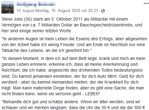 Nein, dies waren nicht Steve Jobs' letzte Worte! – mimikama.org Angeblich letzte Worte von Steve Jobs