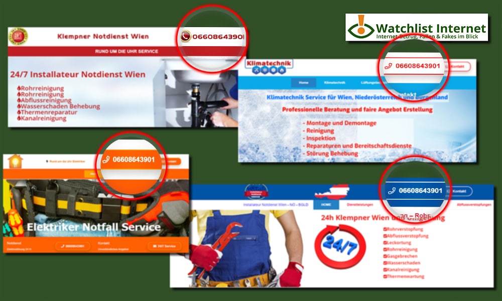 Verschiedene Webseiten für Elektro- und Installationsnotdienste verwenden die gleiche Telefonnummer. / Quelle: Watchlist Internet Verschiedene Webseiten für Elektro- und Installationsnotdienste verwenden die gleiche Telefonnummer. / Quelle: Watchlist Internet
