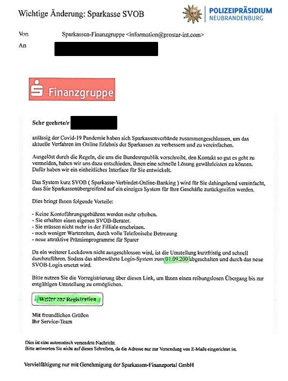 E-Mail der Sparkasse / Quelle: Polizei Neubrandenburg