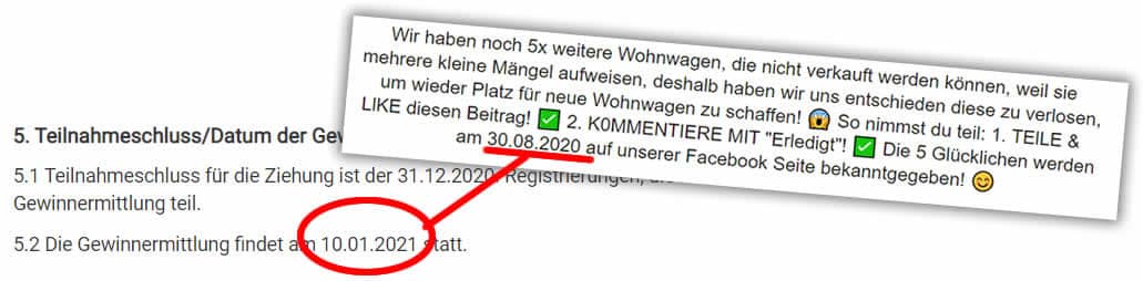 Fake: Wohnwagen Letzschmar GmbH – mimikama.org Screenshot / Teilnahmebedingungen vs Facebook
