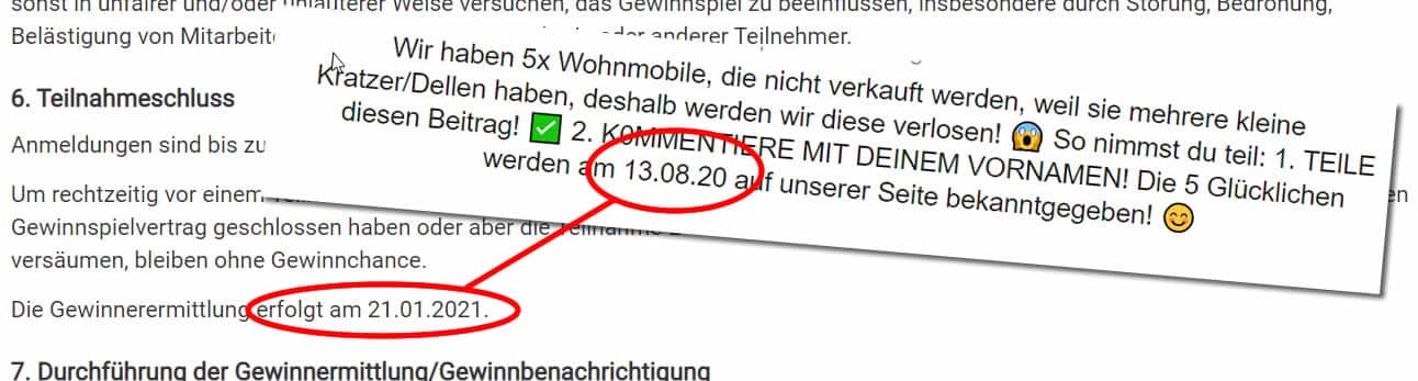 Liebe Caravanfreunde! Echt jetzt? – mimikama.org Screenshot / Teilnahmebedingungen vs Facebook