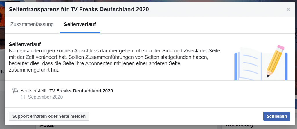 Screenshot: Die Seitentransparenz der Facebook-Seite