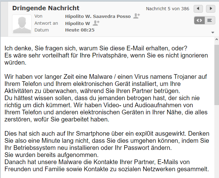 Erpressung per Mail: „ Wir haben Video- und Audioaufnahmen von dir...“ – mimikama.org Screenshot der aktuellen E-Mail