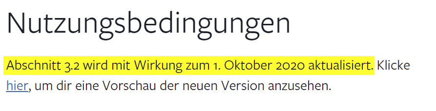 Facebook: Es gibt keine neuen Musik-Richtlinien ab dem 1. Oktober 2020 – mimikama.org Screenshot der Facebook-Nutzungsbedingungen