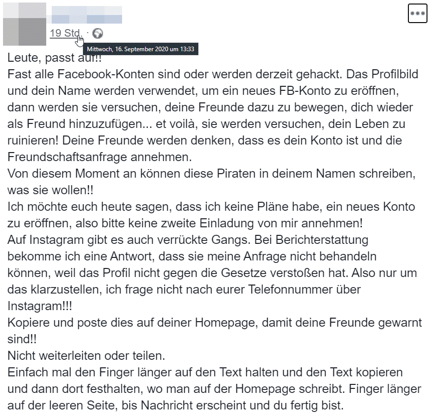 Screenshot: Facebook-Statusbeitrag vom 16.9.2020