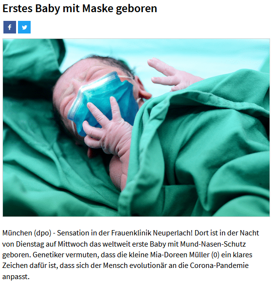Ein Neugeborenes mit Schutzmaske? - Da trötet ein Posthorn.... – mimikama.org Quelle: Der Postillon
