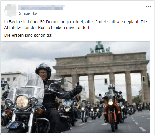Biker gegen Corona? Foto im falschen Kontext! – mimikama.org Biker in Berlin, Hinweis: Die Wiedergabe des Bildes dient zur Auseinandersetzung mit dem Thema.