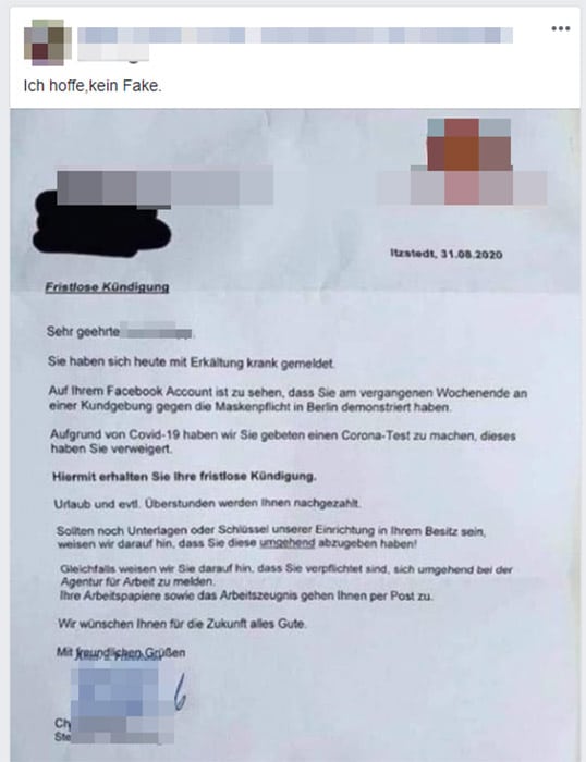 Kündigung: Nach Corona-Demo Teilnahme den Covid-19 Test verweigert – mimikama.org Kündigung, Hinweis: Die Wiedergabe des Bildes dient zur Auseinandersetzung mit dem Thema.