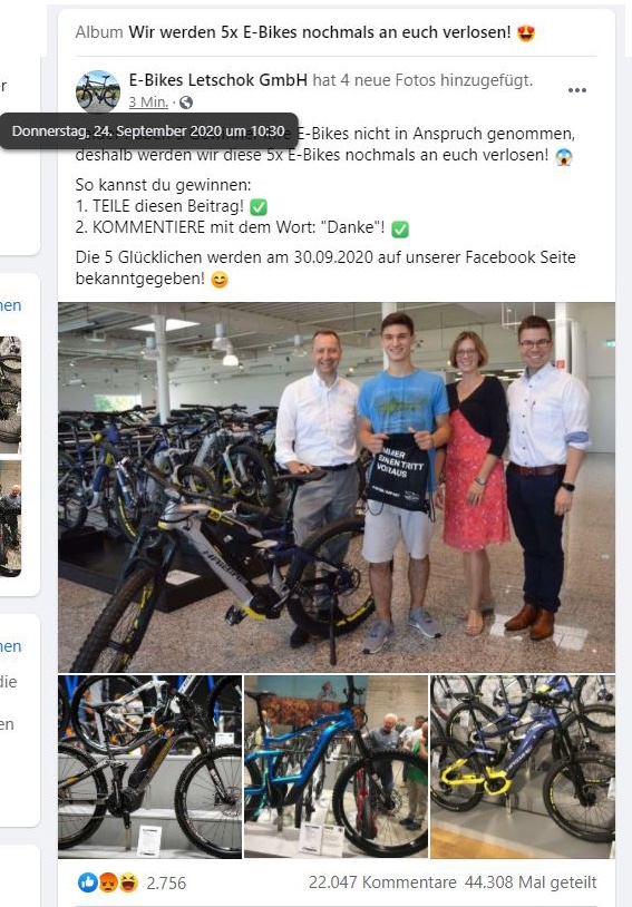 Vorsicht! E-Bikes Letschok GmbH geht in die zweite Runde! – mimikama.org Screenshot Facebook "E-Bikes Letschok GmbH"