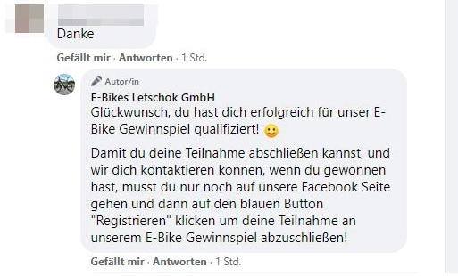 Vorsicht! E-Bikes Letschok GmbH geht in die zweite Runde! – mimikama.org Screenshot Facebook "E-Bikes Letschok GmbH"