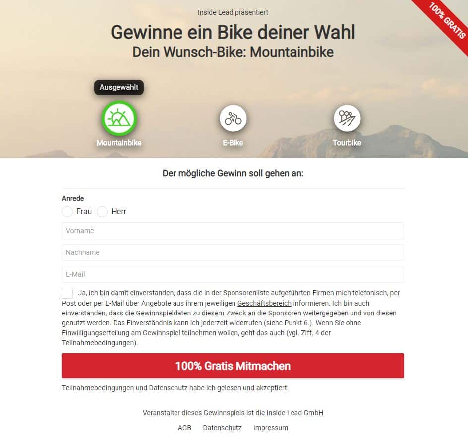 Vorsicht! E-Bikes Letschok GmbH geht in die zweite Runde! – mimikama.org Screenshot Gewinnspielformular