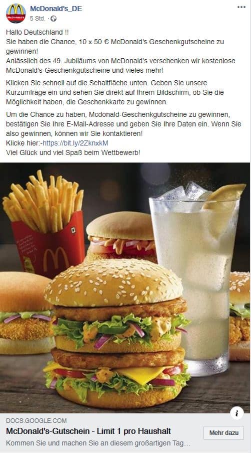 McDonald's-Gewinnspiel führt zu dubiosen Webseiten – mimikama.org