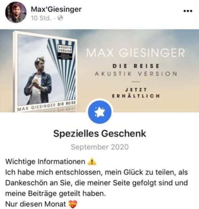 Gefälschte Max Giesinger Seite