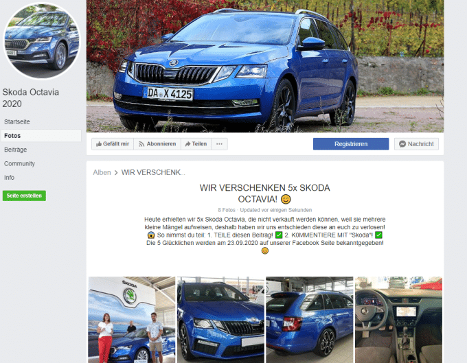 Skoda Octavia 2020 Fake Gewinnspiel – mimikama.org Skoda Oktavia Fake Gewinnspiel, Hinweis: Die Wiedergabe des Bildes dient zur Auseinandersetzung mit dem Thema.