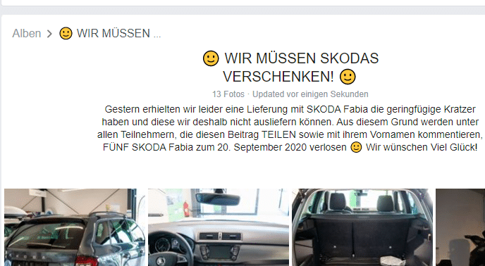 Wir müssen Skodas verschenken! – mimikama.org Fake-Gewinnspiel Skodas