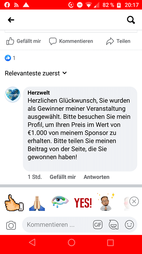 Screenshot der angeblichen Verlosung Screenshot der angeblichen Verlosung