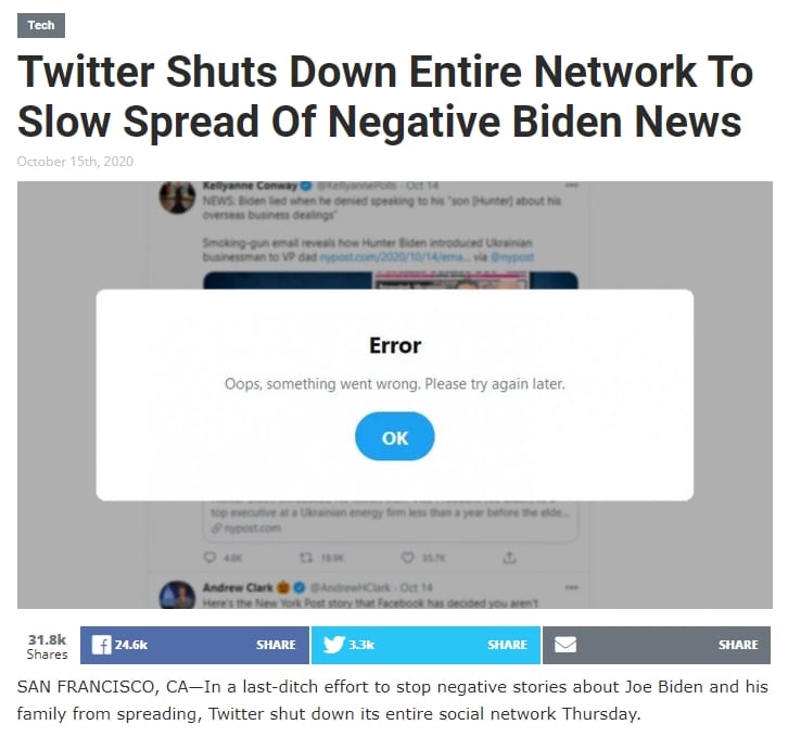 Screenshot: Twitter Shuts Down Entire Network To Slow Spread Of Negative Biden News