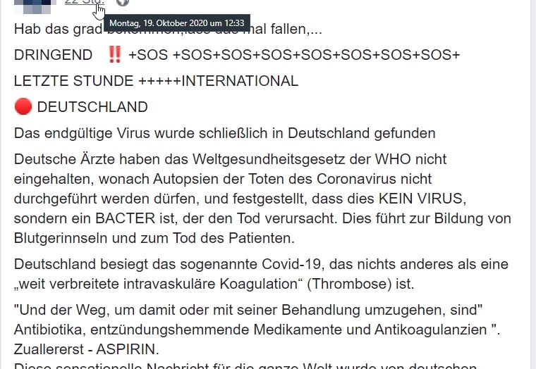 Nein, Aspirin kann Covid-19 nicht heilen! – mimikama.org Screenshot / Facebook / Oktober 2020