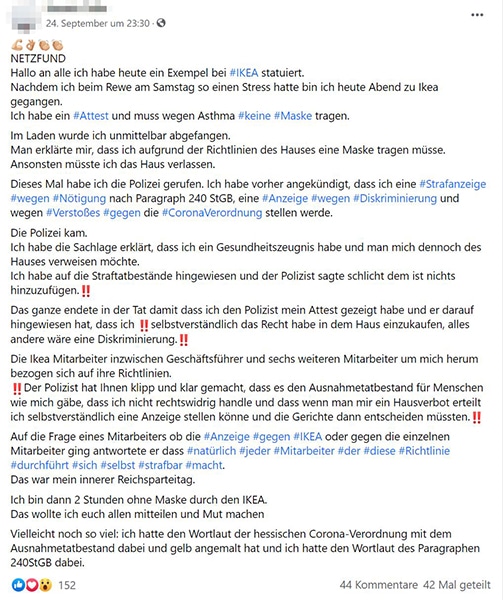 Shoppen ohne Maske: Das Exempel bei IKEA – mimikama.org Screenshot Facebook: Exempel bei IKEA