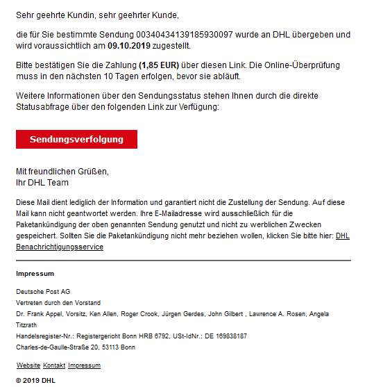 Vermeintliche DHL-Mail führt in eine Abofalle.