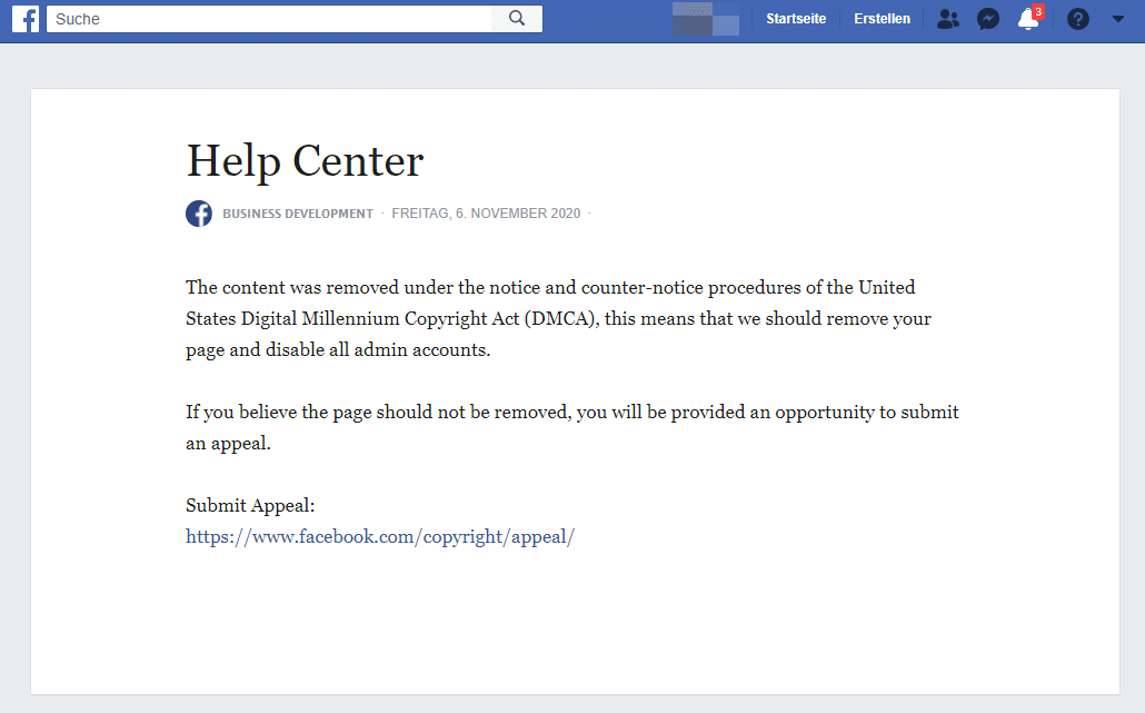 Screenshot des falschen Helpcenters auf Facebook