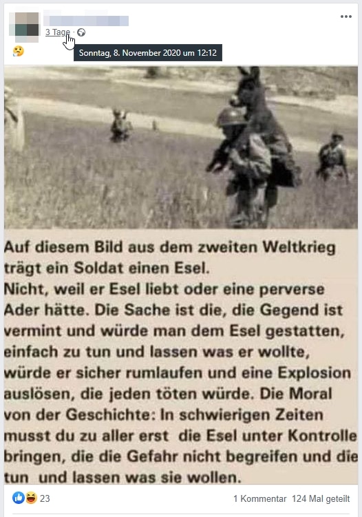 Einen Esel retten, damit sie keine Gefahr für andere Menschen darstellen? – mimikama.org Screenshot / Facebook vom 8.11.2020