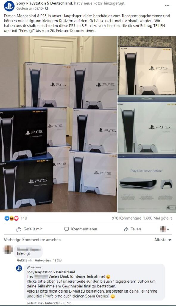 Sony PlayStation 5 Deutschland. - Beitrag auf Facebook