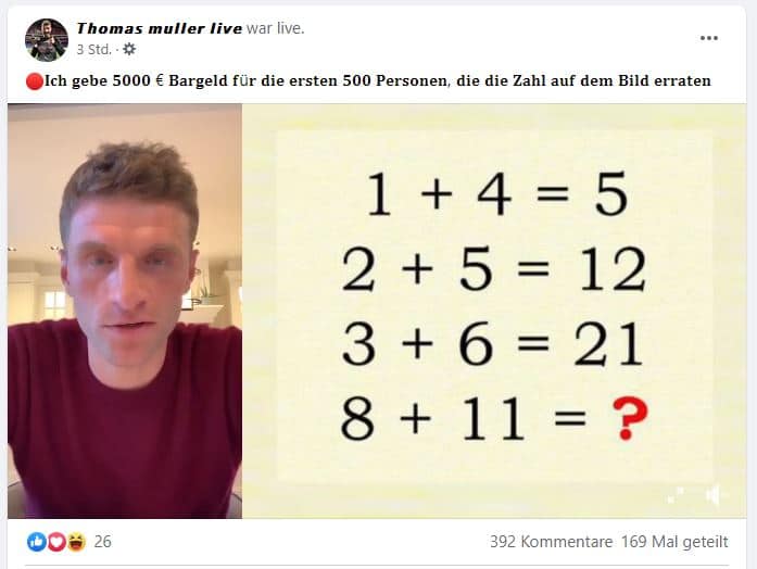 Screenshot Facebook - Gefälschtes Gewinnspiel im Namen von Thomas Müller