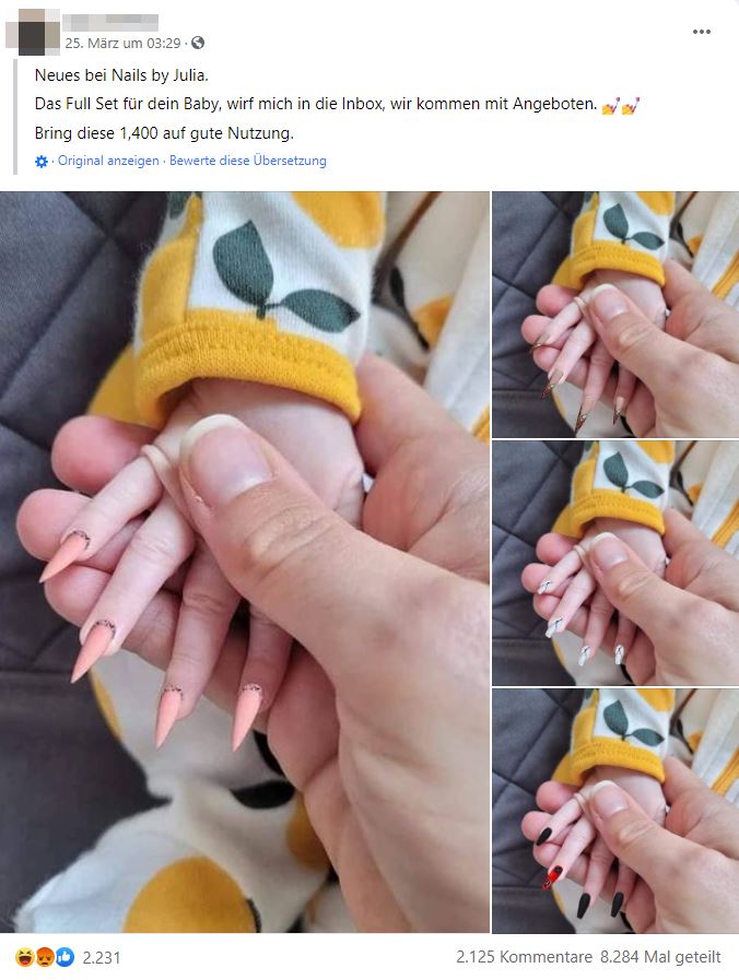 Screenshot Facebook Beitrag "Künstliche Fingernägel für Babys"
