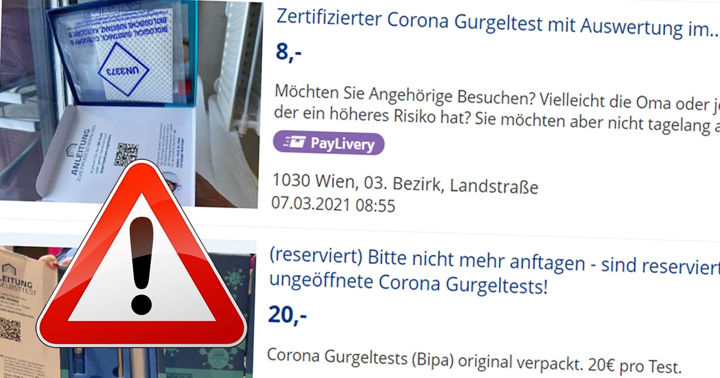 Gurgeltests auf Verkaufsplattform willhaben.at: Stadt Wien warnt