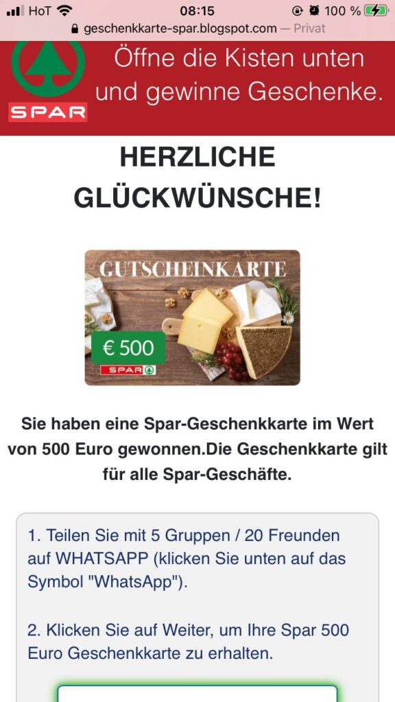 Screenshot: Angeblich gewinnt man hier eine Geschenkkarte von Spar im Wert von 500 Euro