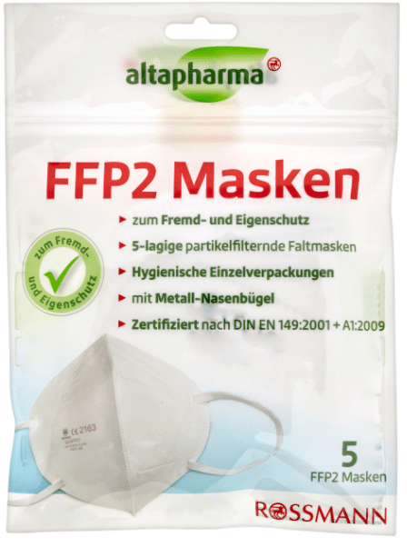 Rossmann bitten darum, die altapharma FFP2-Maske (EAN 4305615831466) der Charge LOT 2020F50 nicht als persönliche Schutzausrüstung zu verwenden.