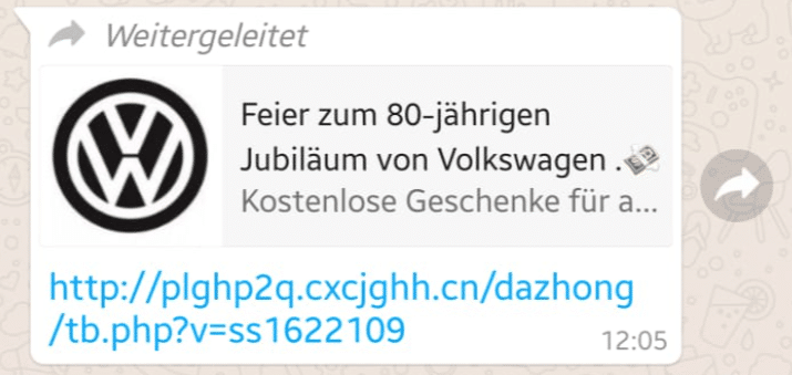 Screenshot WhatsApp Nachricht zu angeblichem Gewinnspiel von Volkswagen