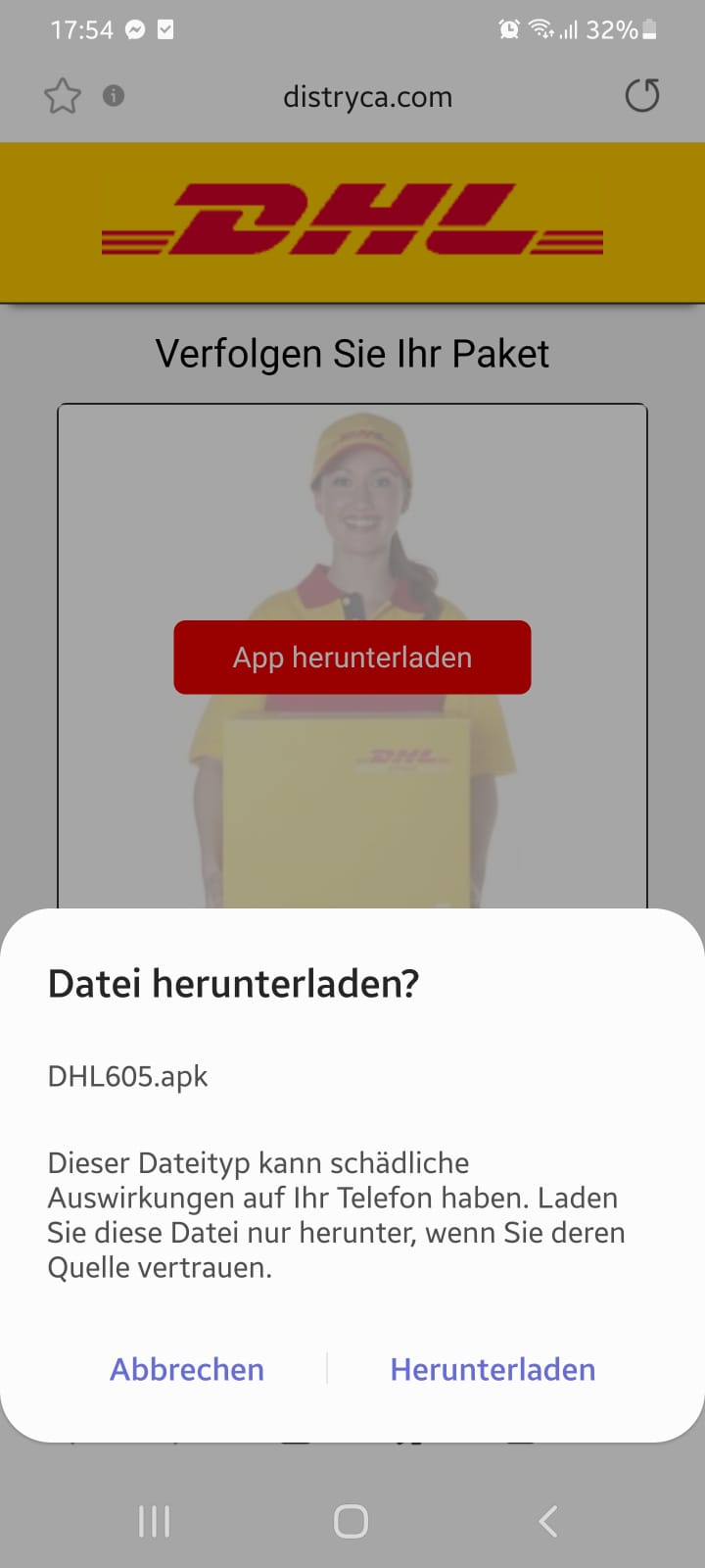 Screenshot der gefälschten DHL-App