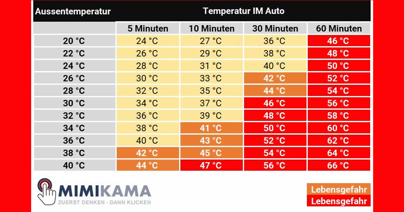 Diese Grafik zeigt, dass ein Auto, nach 10 Minuten in der prallen Sonne, bei 28 °C im Innenraum, eine Temperatur von bis zu 35 °C entwickelt. Nach einer Stunde hat es bereits bei 54 °C