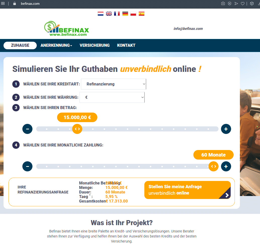Screenshot der Betrugswebseite