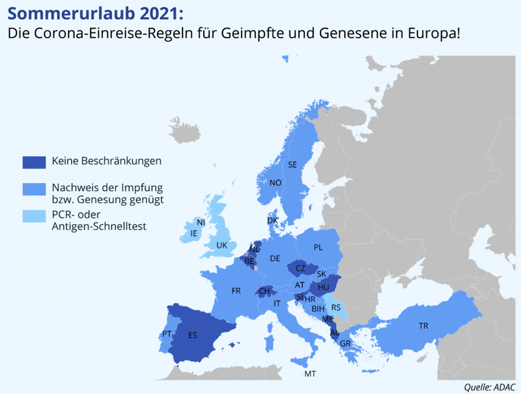 Bild: Die Corona-Einreise-Regelung für Geimpfte und Genesene in Europa.