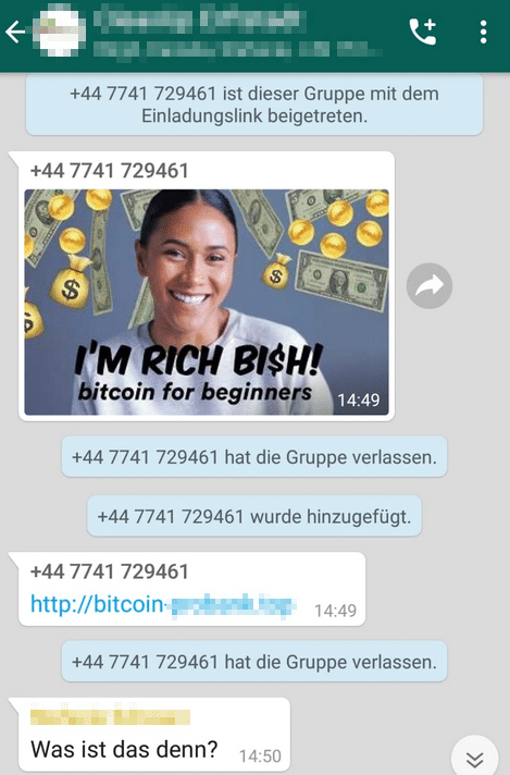 Bitcoin-Spam in einer WhatsApp-Gruppe