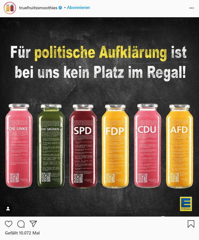 Edeka schickt Smoothies mit AfD-Aufdruck zurück – mimikama.org Screenshot: truefruitssmoothies / Instagram