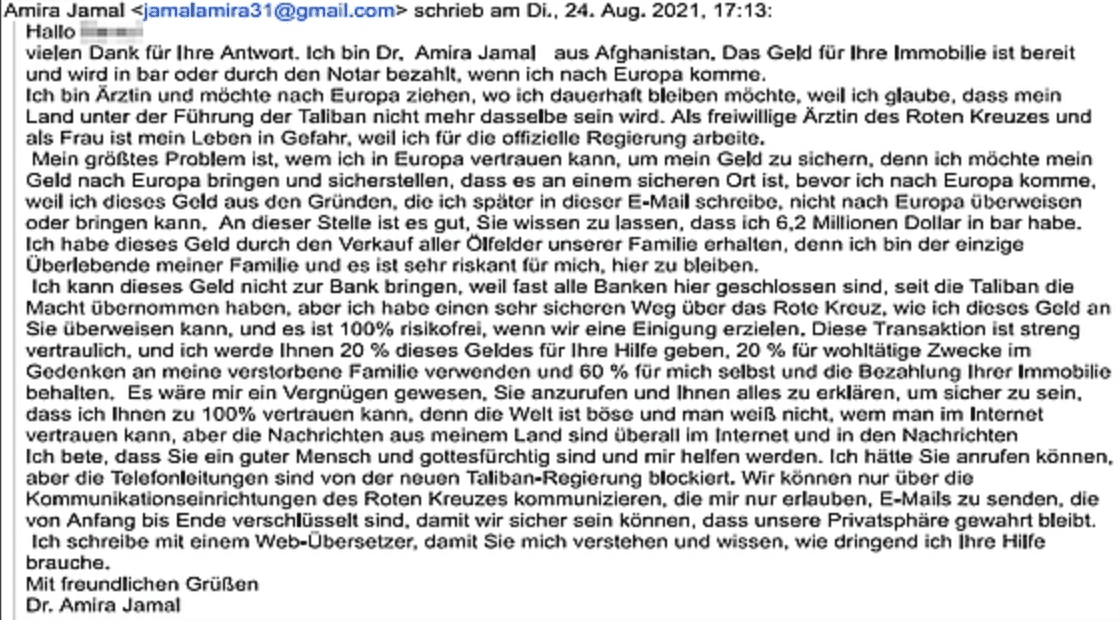 Warnung vor angeblicher Ärztin aus Afghanistan! – mimikama.org Screensshot: E-Mail (Watchlist-Internet)
