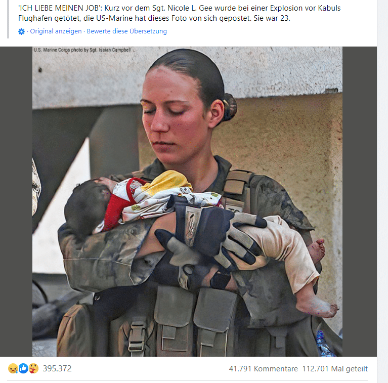 Foto mit Baby ging um die Welt: US-Soldatin stirbt bei Anschlag in Kabul – mimikama.org Screenshot: Facebook