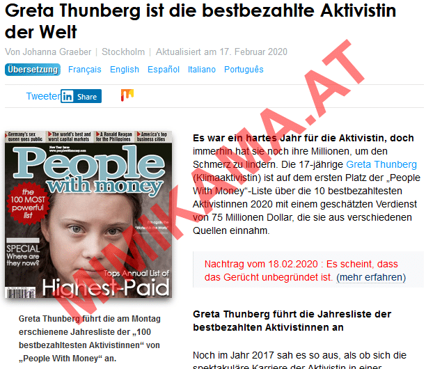 Ist Greta Thunberg wirklich die bestbezahlte Aktivistin der Welt? (Faktencheck) – mimikama.org Der Artikel im Februar 2020