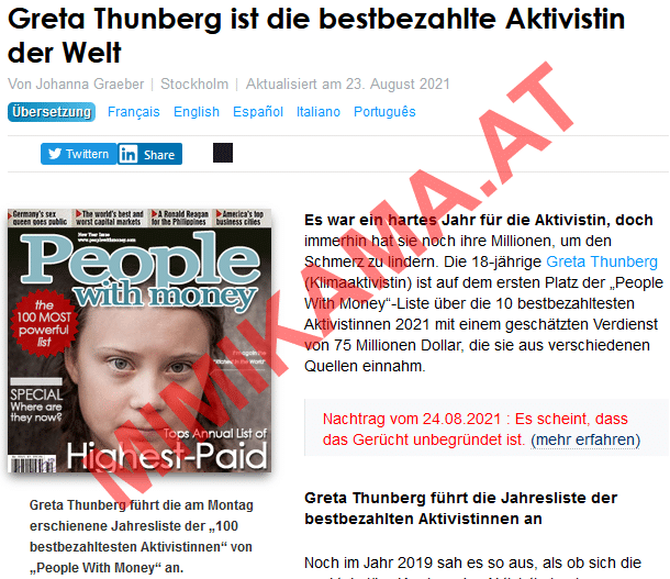 Ist Greta Thunberg wirklich die bestbezahlte Aktivistin der Welt? (Faktencheck) – mimikama.org Screenshot des Artikels über Greta Thunberg