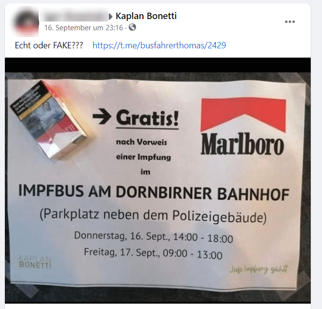 Gratis-Zigaretten: Kurioser Impfanreiz oder Fake? – mimikama.org Screenshot: Facebook