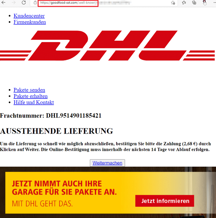 Eine gefälschte DHL-Seite