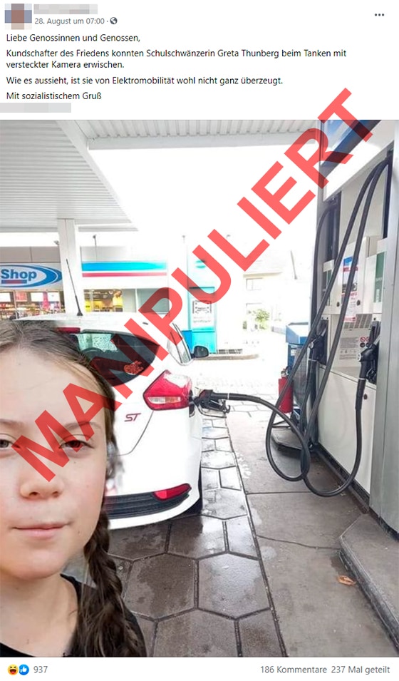 Nein, Thunberg steht hier nicht vor einem Auto an einer Tankstelle! – mimikama.org Screenshot Facebook / Manipuliertes Bild Greta Thunberg