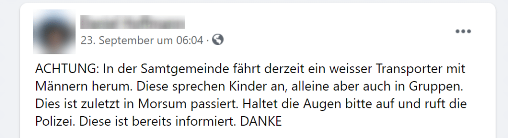Kein Ansprechen von Kindern aus Lieferwagen in Morsum – mimikama.org Screenshot Facebook