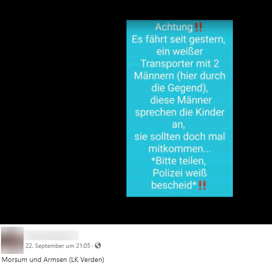 Kein Ansprechen von Kindern aus Lieferwagen in Morsum – mimikama.org Screenshot Facebook